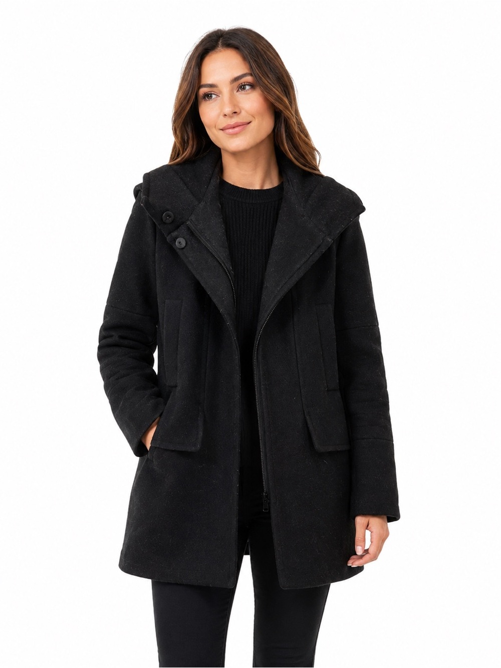 Vince Camuto Black Hooded Wool-Blend Pea Coat